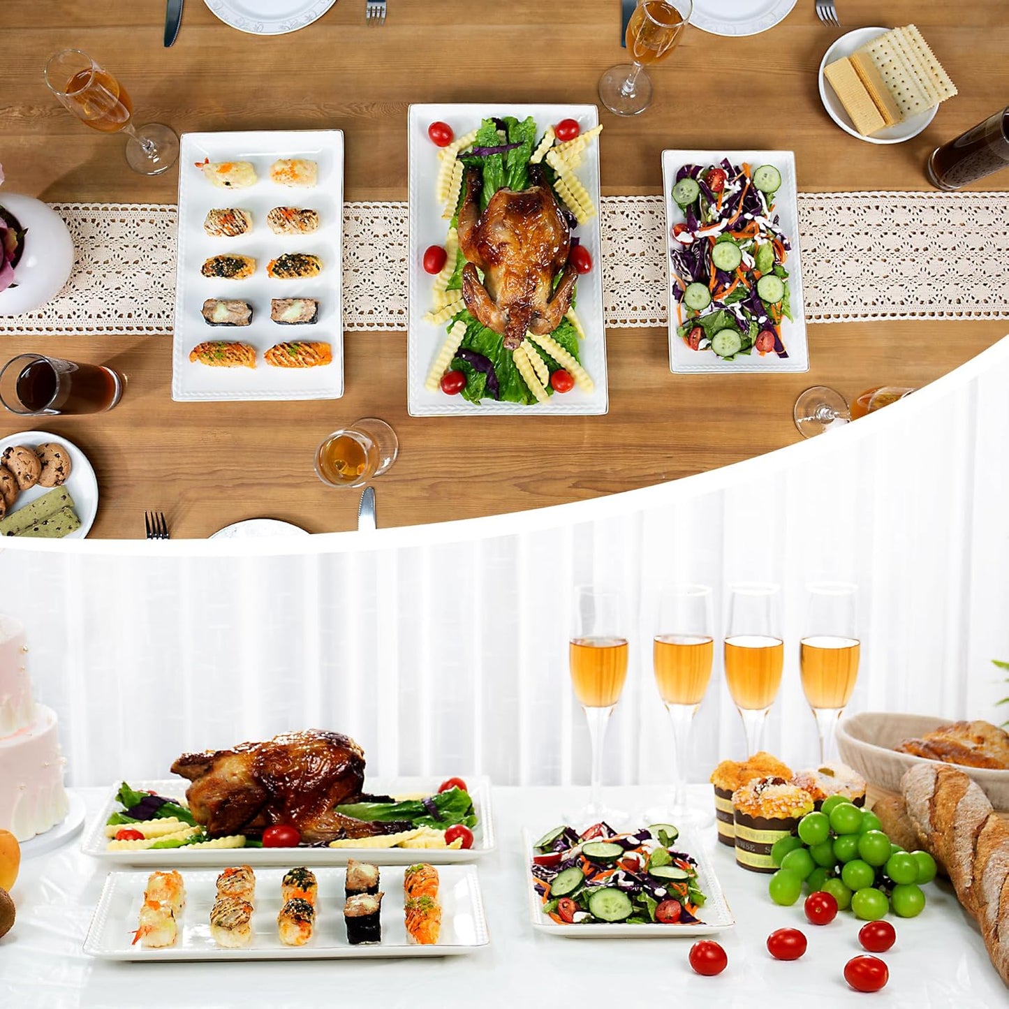 Kassel Ceramic Serving Platter Set | 16”/14”/12” Rectangular Serving Trays for Entertaining at Parties and Weddings | Oven Safe XL Serving Trays for Tacos, Steak, and Cake