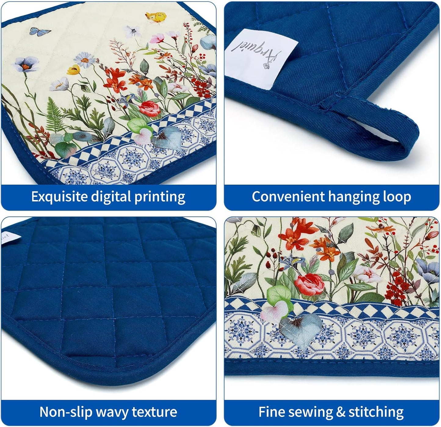 Retro Wildflowers Oven Mitts and Pot Holders Sets 100% Cotton Heat Resistant, Extra Long Oven Gloves Potholder for Kitchen Cooking Baking Housewarming