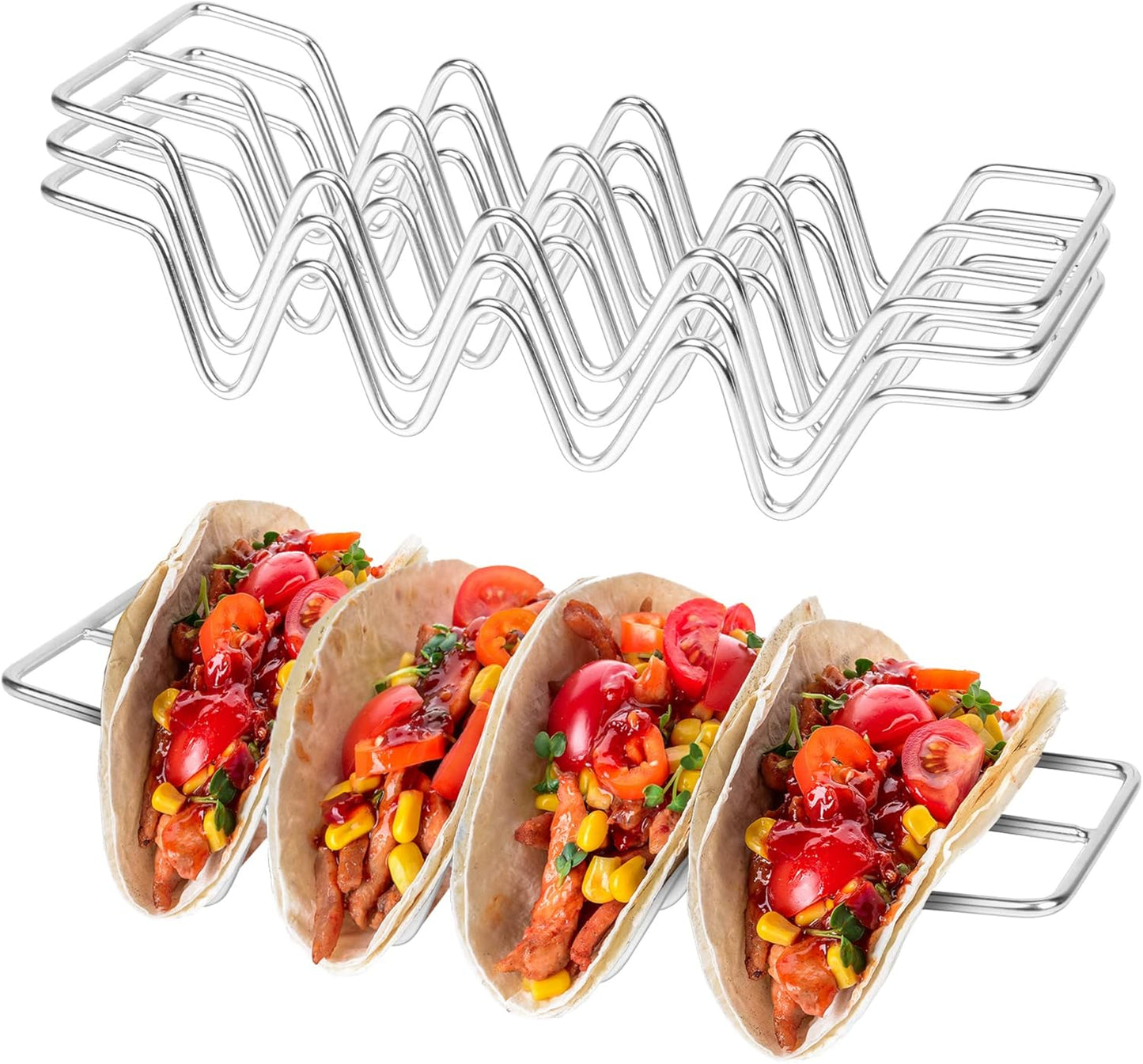 JIBOLAT Taco Holders set of 3,Stainless Steel Taco Shell Holder Stand,Taco Tray Plates for Taco Bar Gifts Accessories,Holds 4 Tacos Each,Oven Safe for Baking, Dishwa sher and Grill Safe