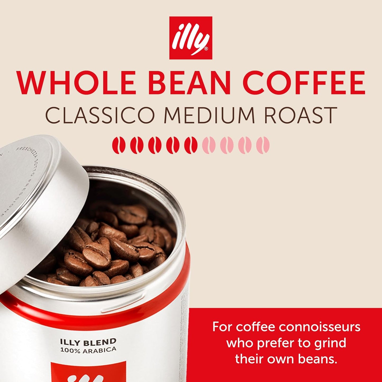 Illy Whole Bean Coffee, Classico Medium Roast - Mild & Balanced - 100% Arabica - Whole Beans - Pressurized Packaging Sealed for Freshness - 8.8oz can (Pack of 12)