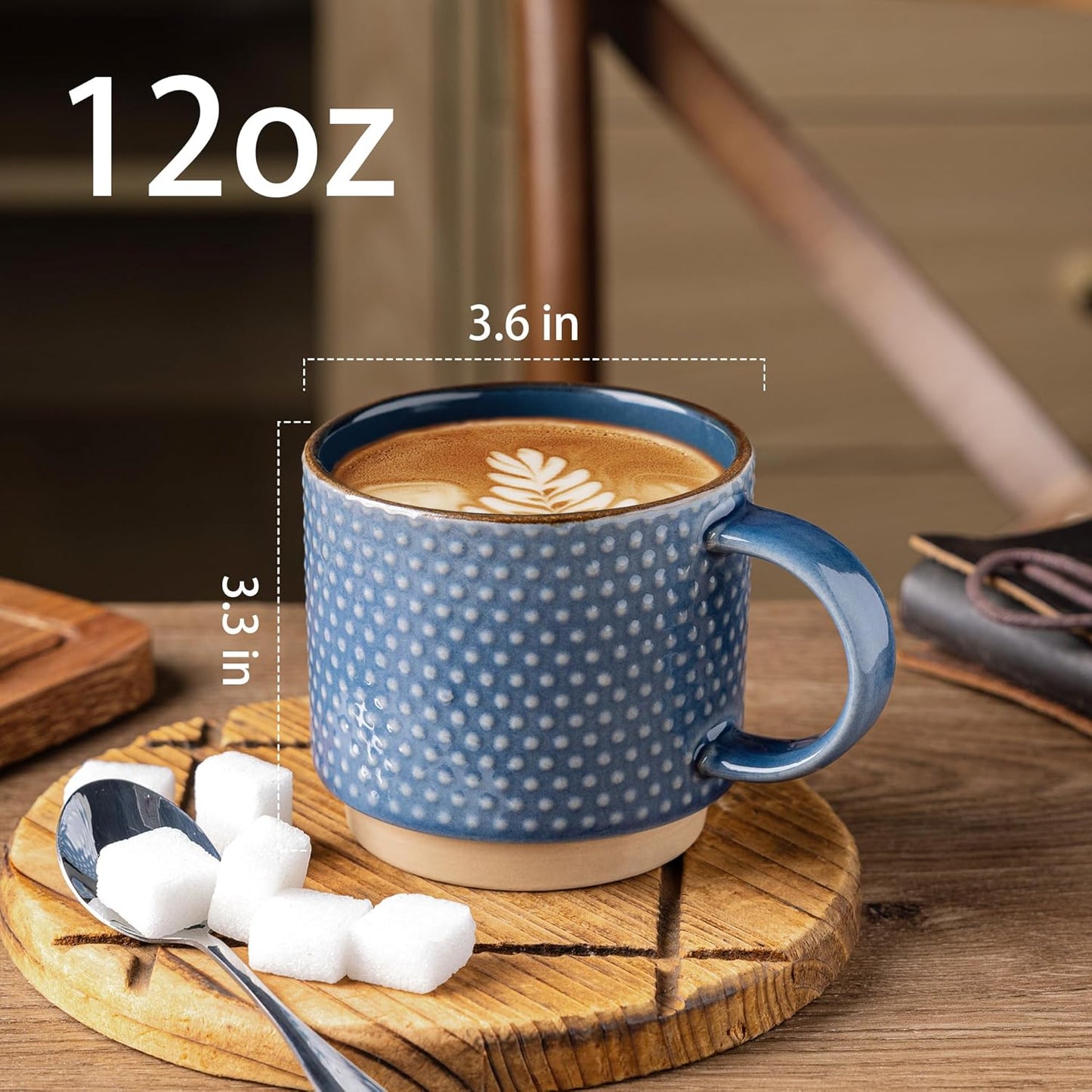 GBHOME 12 OZ Stackable Coffee Mugs, Ceramic Coffee Mugs with Texture Patterns for Man,Woman,Dad,Mom, Modern Coffee Cups Set of 4 for Latte/Cappuccino/Cocoa. Dishwasher&Microwave Safe