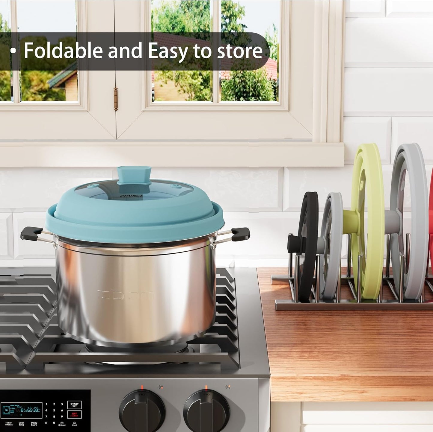 Microwave Splatter Cover, Vented Silicone and Glass Cover Splatter Guard Lid, Food Collapsible Plate Cover Lid with Easy Grip Handle. (Blue, 9 inch)