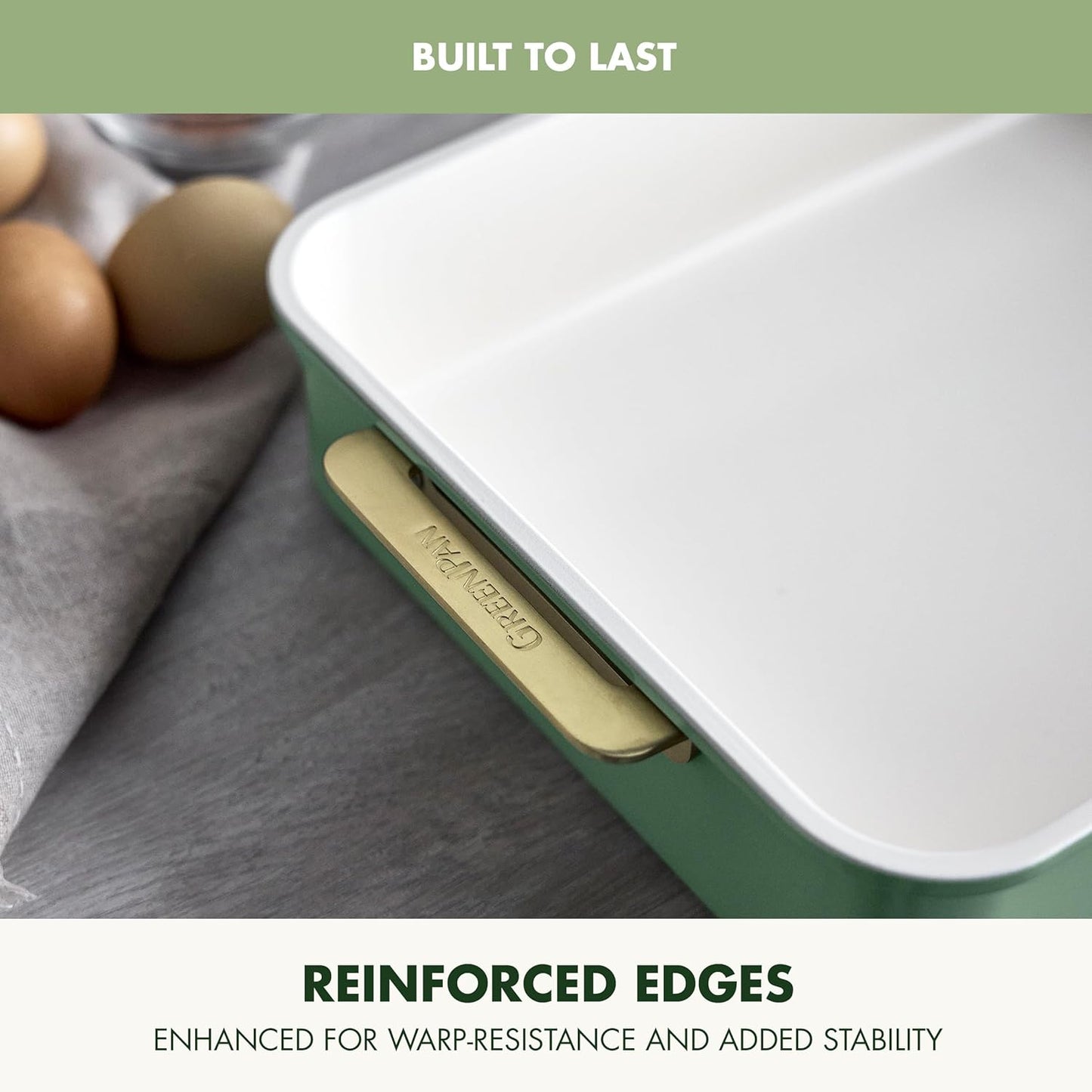 GreenPan Bakeware Rectangular Cake Pan, Ceramic Nonstick Baking Pan, PFAS & BPA Free, Gold Handles, Durable Steel, Freezer to Oven Dish, Scratch Resistant, Bake & Roast Ovenware, Sage Green