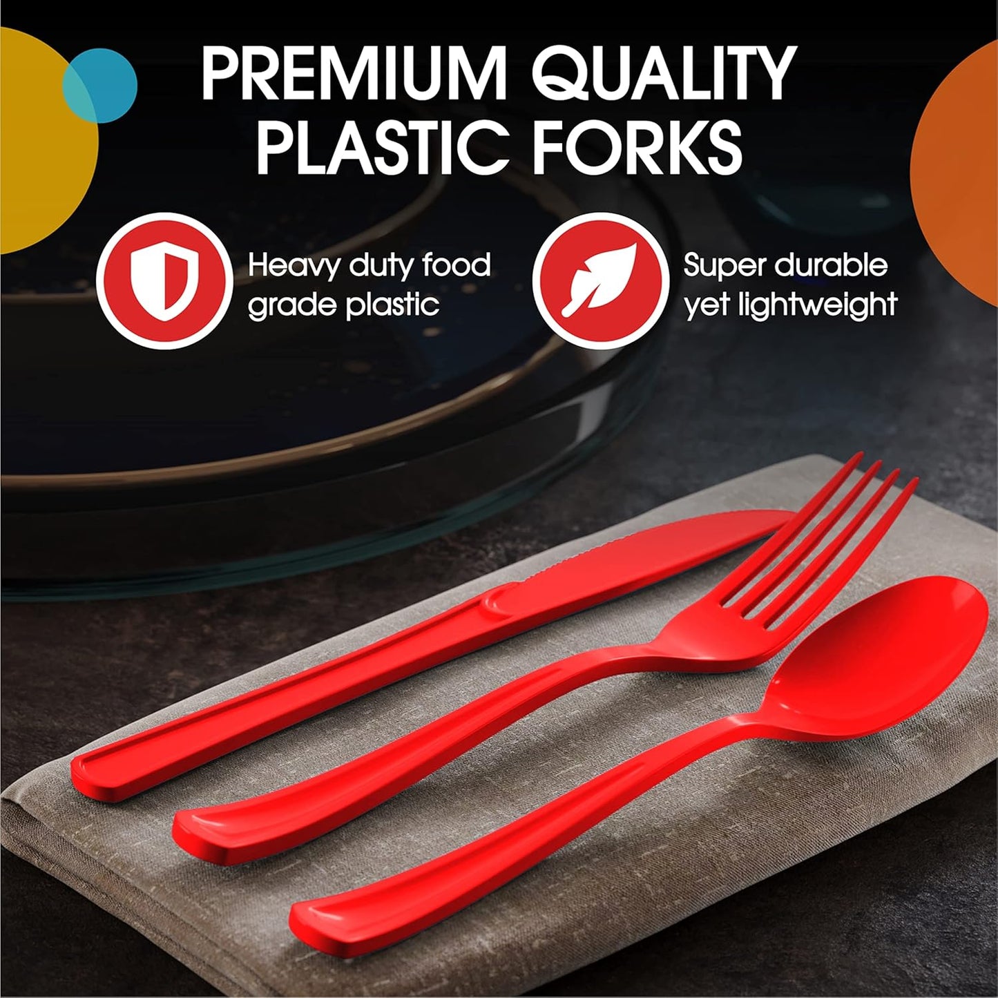 Heavy Duty Red Plastic Disposable Cutlery - 200 Pcs, Flatware, Silverware, Plastic Spoons