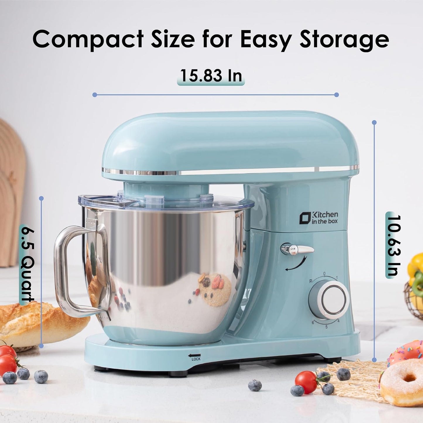 Kitchen in the box Stand Mixer - 900W Kitchen Mixer with Bowl 6.5 QT,Bread Dough Standing Mixers Tilt-head with Dough Hook, Whisk, Flat Beater and Splash Guard (Blue)