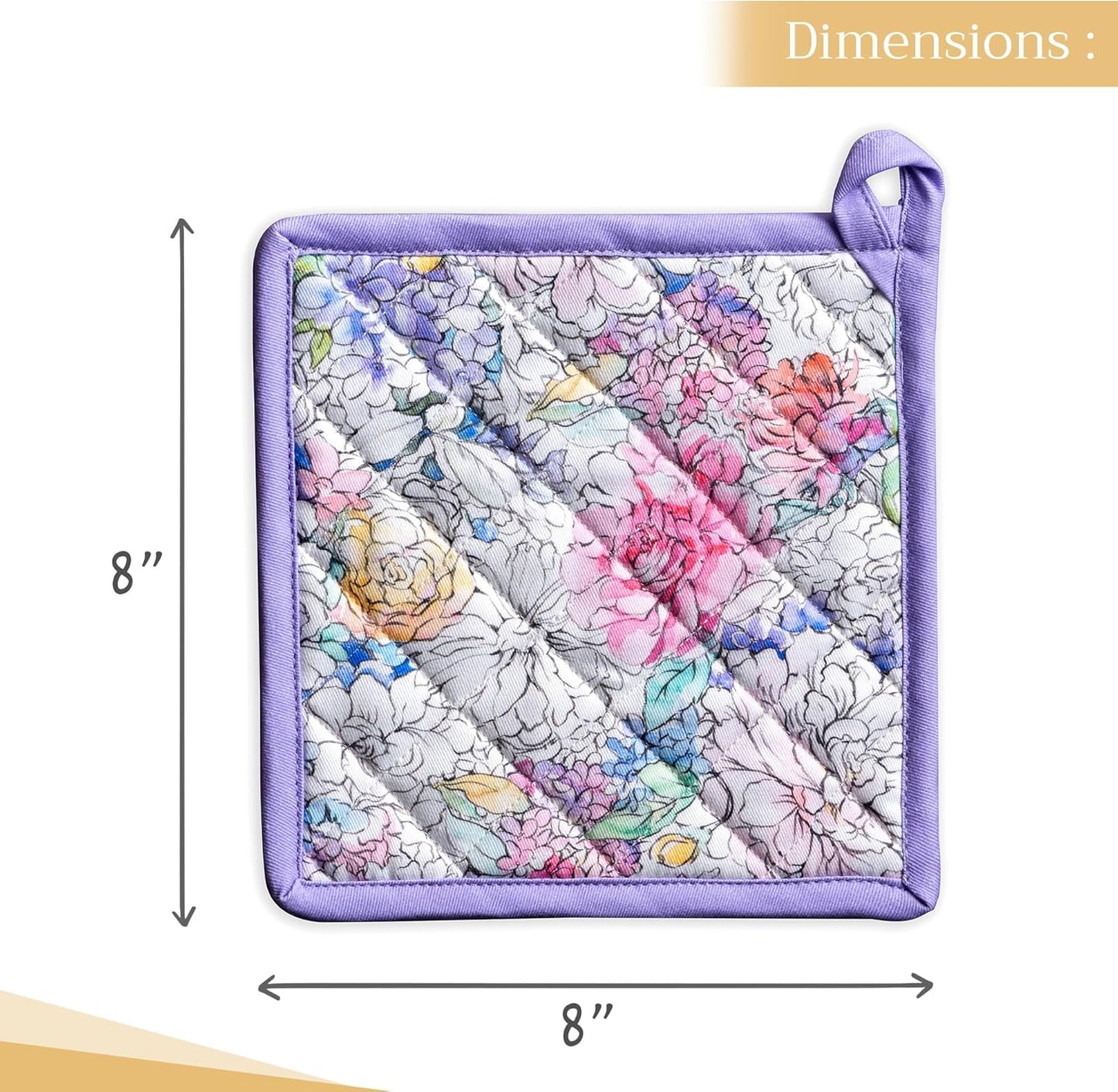 Maison d' Hermine Pot Holders Set 100% Cotton Heat Resistant Potholders 8" x 8" Hot Pads with Loop BBQ, Cooking, Baking, Grilling, Kitchen, Handling Hot Pans Spring/Summer (Pack of 2, Floral Love)