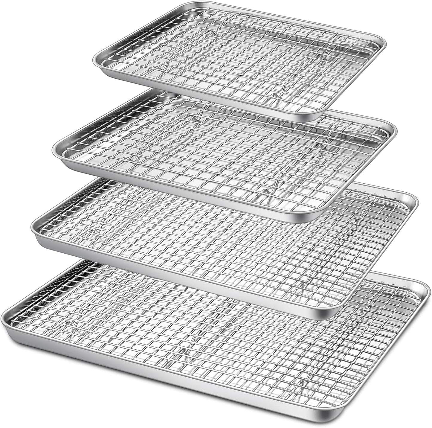 P&P CHEF 16 + 12.5 + 10.4 + 9 Inch Baking Sheet and Rack Set, Stainless Steel Cookie Sheets Oven Baking Pans Trays with Cooling Racks for Cooking & Roasting, Oven & Dishwasher Safe, (8Pcs)