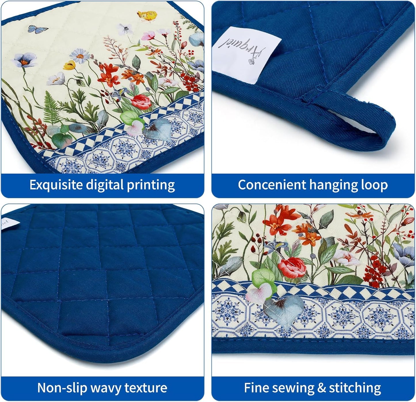 Retro Wildflowers Oven Mitts and Pot Holders Sets 4Pcs, 100% Cotton Heat Resistant, Extra Long Oven Gloves Potholder for Kitchen Cooking Baking Housewarming