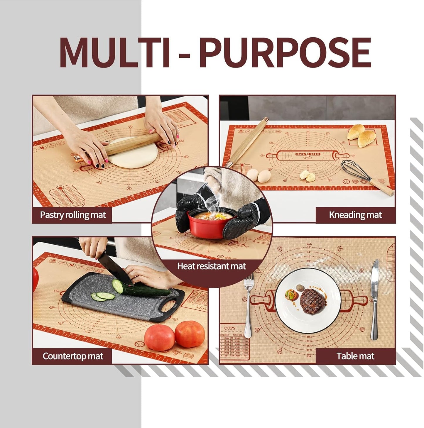 Cook's Aid Silicone Pastry Mat Extra Large with Measurements 26''x16'' for Reusable,Non-slip Silicone Baking Mat, Counter, Dough Rolling, Oven Liner,Fondant/Pie Crust, Red