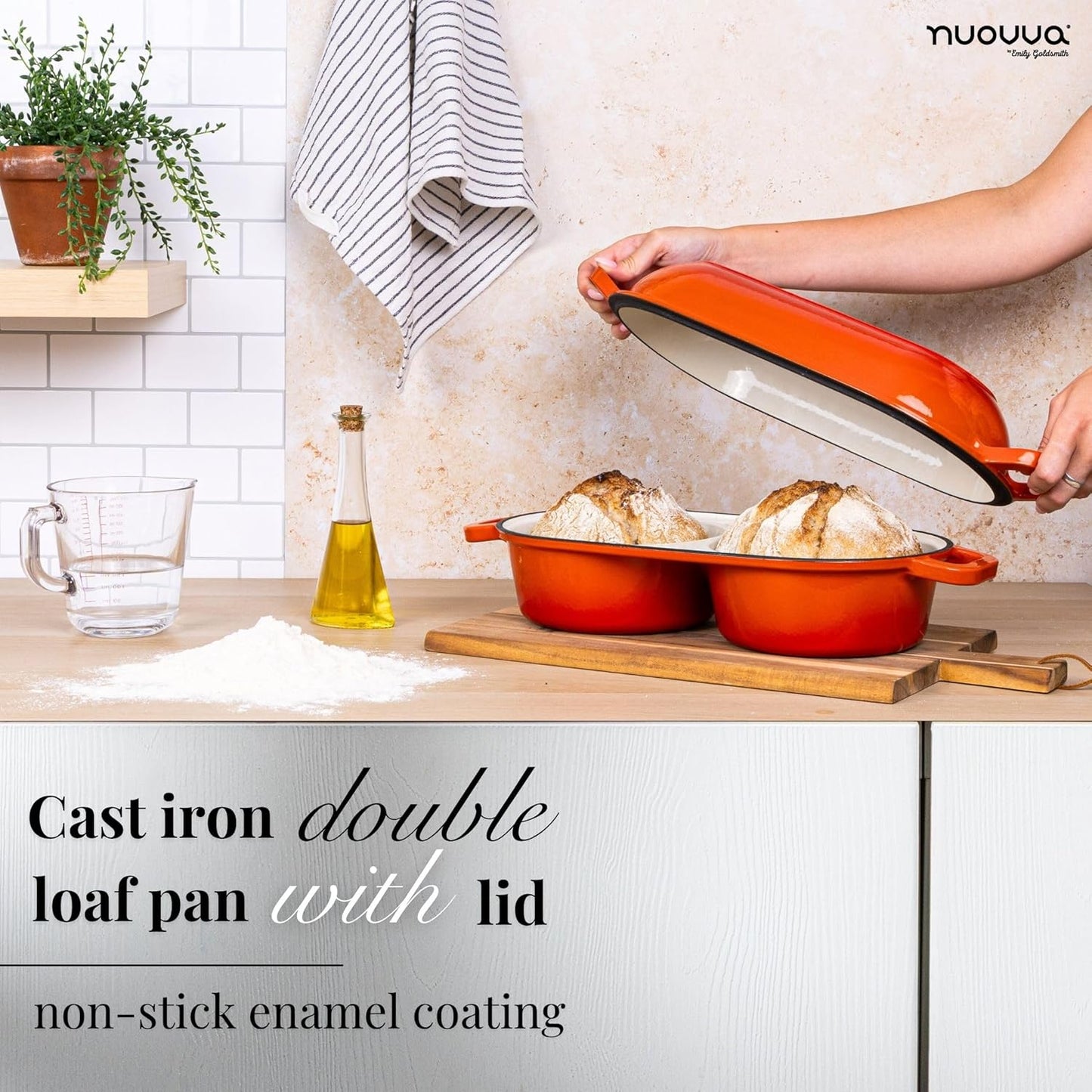 nuovva Dutch Oven For Sourdough Bread Baking – Enamelled Cast Iron Bread Loaf Pot – 500°F Oven Safe Non Stick Bread Pot – Double Round Loaf Space, 16.5cm Diameter, Orange