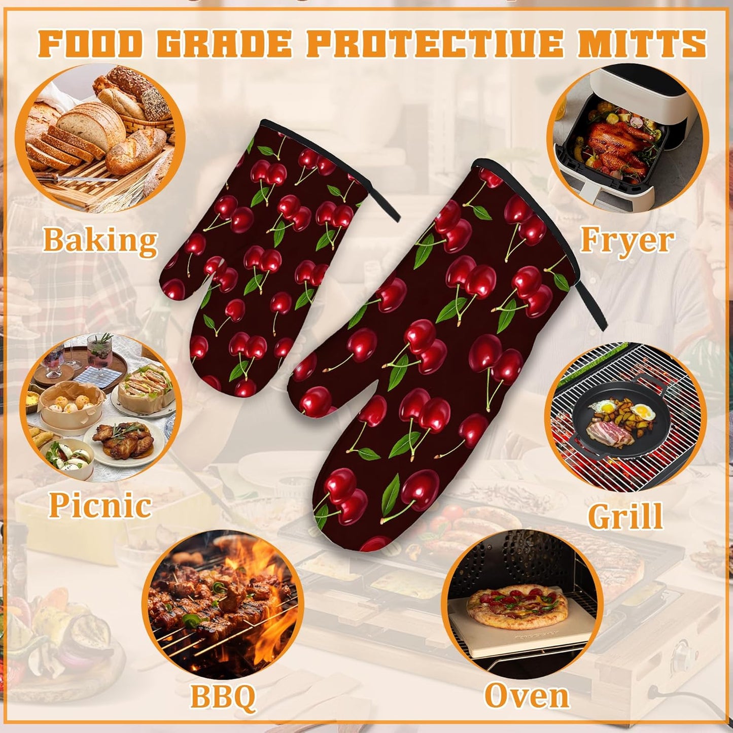 Cherry Oven Mitts and Pot Holders Set,Red Kitchen Decor Heat Resistant Non Slip Hot Pads and Oven Mitt for Chef Cooking Baking BBQ Mom Girl Gifts(4 Piece Set)