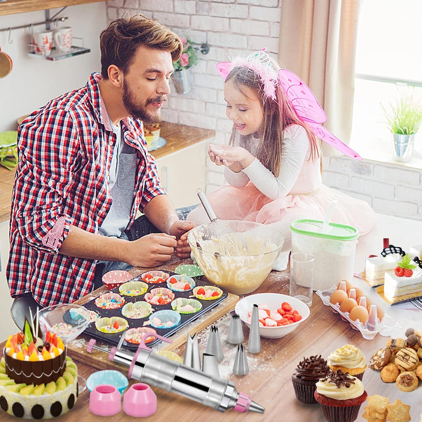 Dualshine Pink Cake Decorating Kit - 6 Russian Piping Icing Nozzles, 3 Cream Scrapers, Stainless Steel Cupcake Frosting Filling Injector