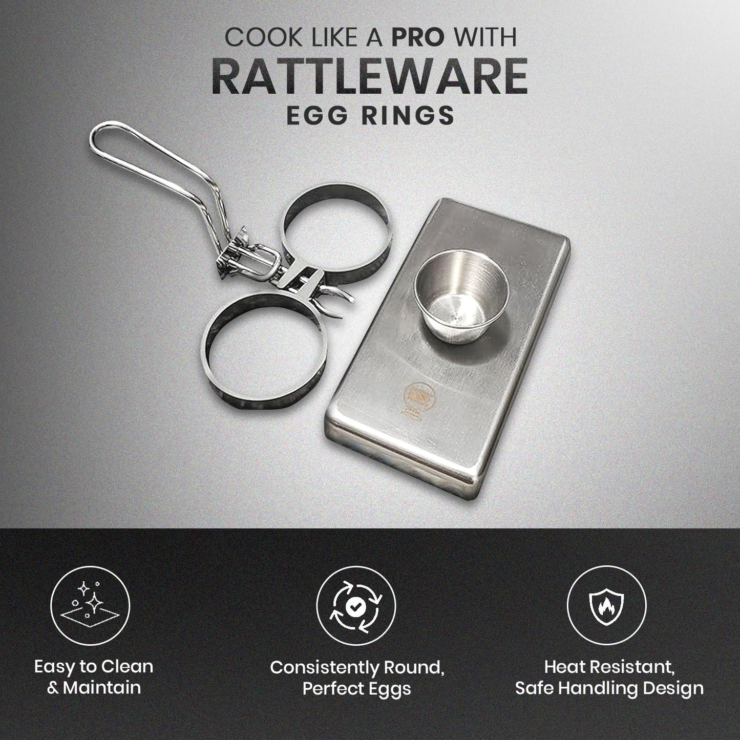 Rattleware Stainless Steel Egg Rings - Commercial-Grade, Even Cooking, Heat-Resistant Handle, Ideal for Frying Eggs - Durable & Trusted by Professional Chefs Worldwide (2 Ring Set)