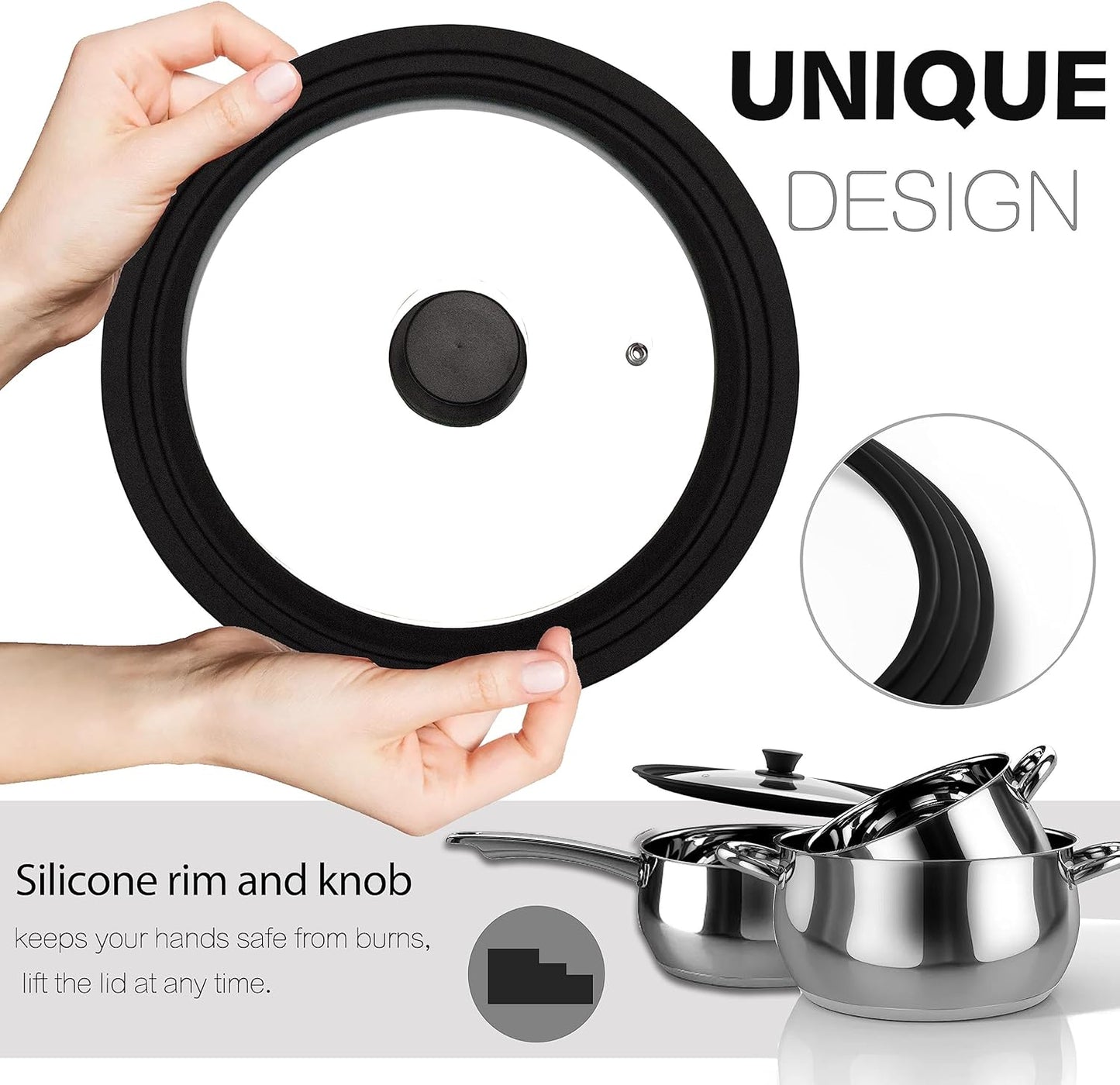 Tempered Glass Lid - Universal Lid with Heat Resistant Silicone Rim for Pots, Pans and Skillets - Pan Cover Replacement Lid Fits 11", 12" and 12.5" Diameter Cookware