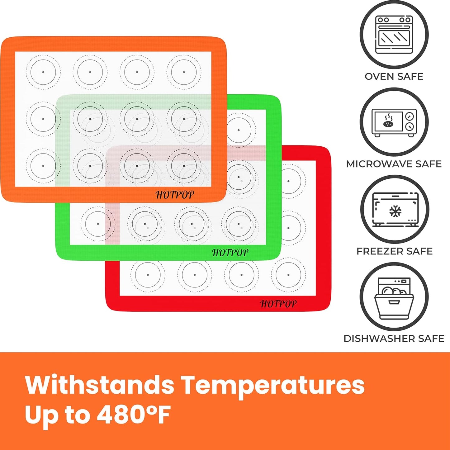 HOTPOP Silicone Baking Mats 0.75mm - Non-Stick Silicone Sheets for Bake Pans and Rolling with Outlines for Pastries - Silicone Baking Sheet - Macaron/Pastry/Cookie/Bun/Bread Making (3 QUARTER SIZE)