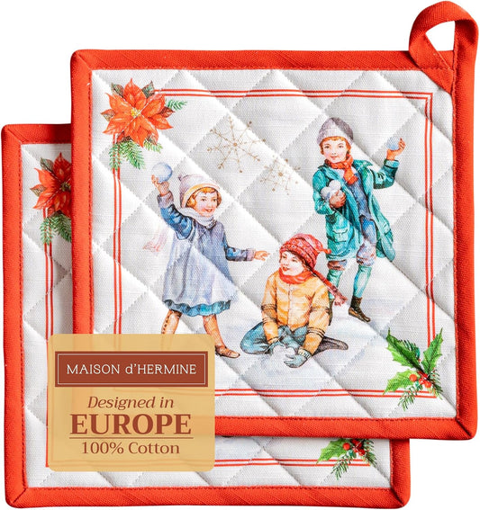 Maison d' Hermine Pot Holders Set 100% Cotton Heat Resistant Potholders 8" x 8" Hot Pads with Loop BBQ, Cooking, Baking, Grilling, Kitchen, Handling Hot Pans (Pack of 2, Chromo)