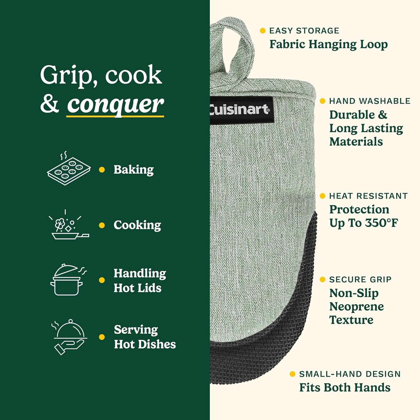 Cuisinart Mini Oven Mitts – 5.5” x 7” Heat-Resistant Kitchen Mitts for Oven with Non-Slip Neoprene Palm, Cotton Filling, and Fabric Loop – Durable Oven Mitt Set for Cooking & Baking (Sage)
