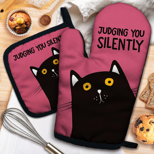 ZHANTUONE Judging You Silently Funny Heat Resistant Oven Mitts and Pot Holders Set with Silicone Non-Slip, Cute Cat Cooking Baking Gadgets, Gifts for Mom Aunt Sister BFF Cat Lover