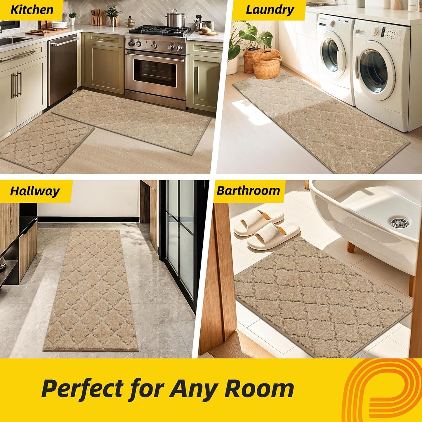 JSEI Kitchen Rugs, Non-Slip Kitchen Mats for Floor, Soft Washable Absorbent Kitchen Mats 2 Pieces, Kitchen Carpet Runner with TPR Backing, Polyester, 24”x36”+24”x60”, Beige