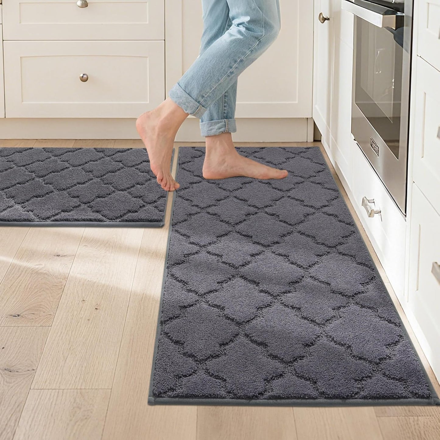 JSEI Kitchen Rugs, Non-Slip Kitchen Mats for Floor, Soft Washable Absorbent Kitchen Mats 2 Pieces, Kitchen Carpet Runner with TPR Backing, Polyester, 20”x32”+20”x48”, Dark Grey
