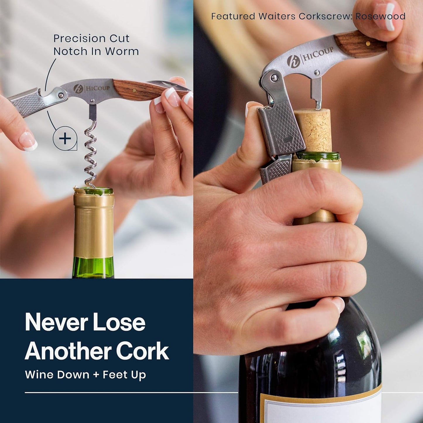 Hicoup Wine Opener - Professional Corkscrews for Wine Bottles w/Foil Cutter and Cap Remover - Manual Wine Key for Servers, Waiters, Bartenders and Home Use - Stainless Steel with Bai Ying Wood Inlay
