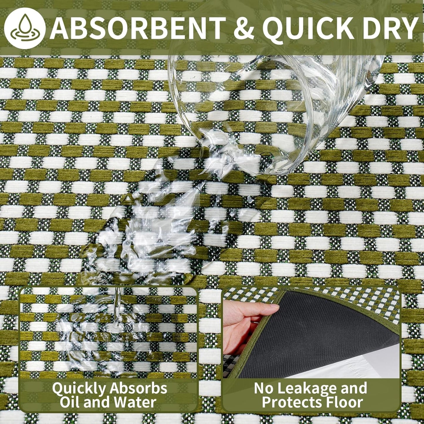 Long Kitchen Runner Rugs Kitchen Mat Non Slip Washable, Super Absorbent Soft Chenille Braided Kitchen Mats for Floor, Rubber Backing Kitchen Floor Sink Standing Mat, Easy Clean, Green 17"x71"