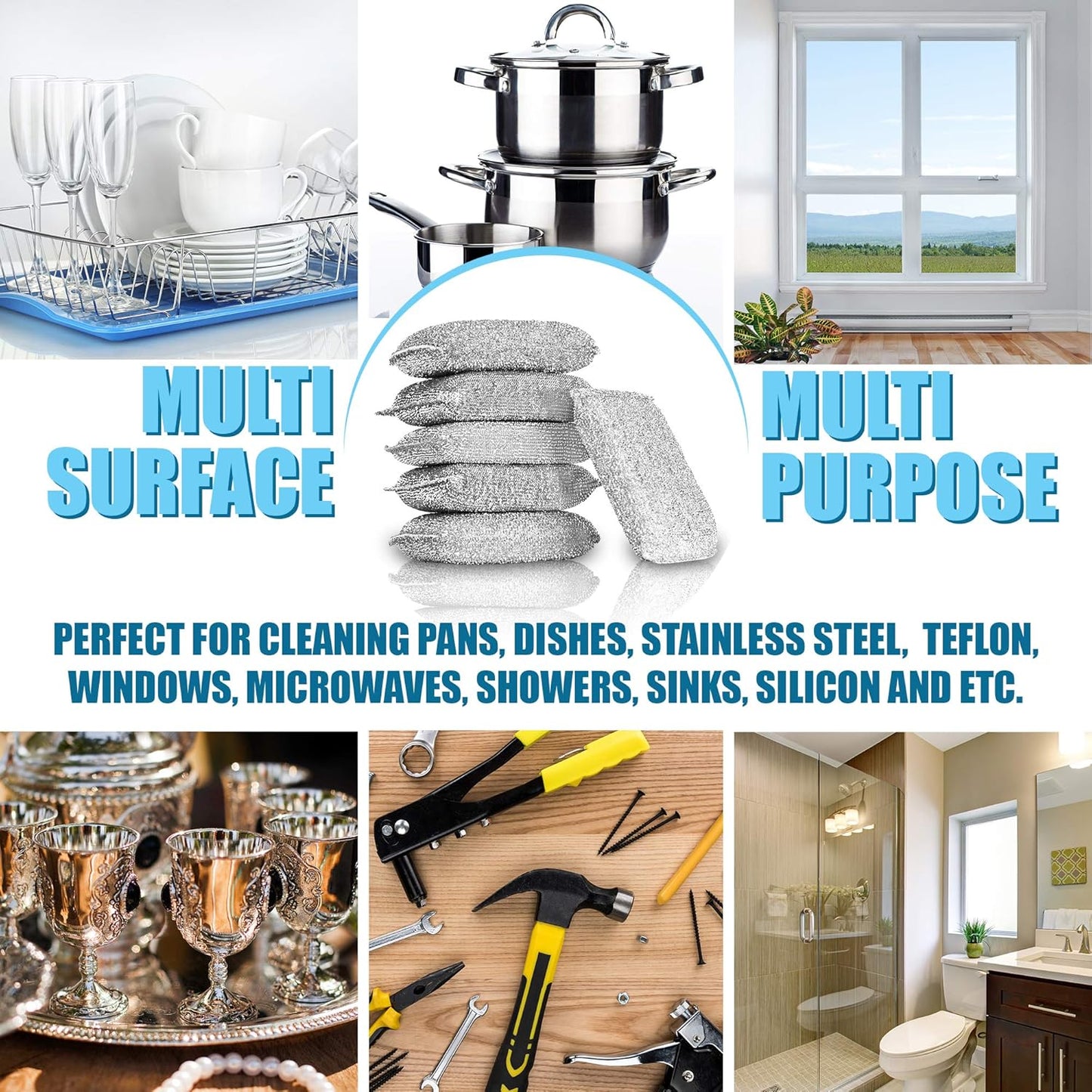 Kitchen Scrubbing Sponges - Heavy Duty Non-Scratch Scrubbing Cleaner Sponges in 1 Color - Multi-Surface Non-Metal Dish Scouring Scrubbers for Fast Cleaning. (6 Pack)