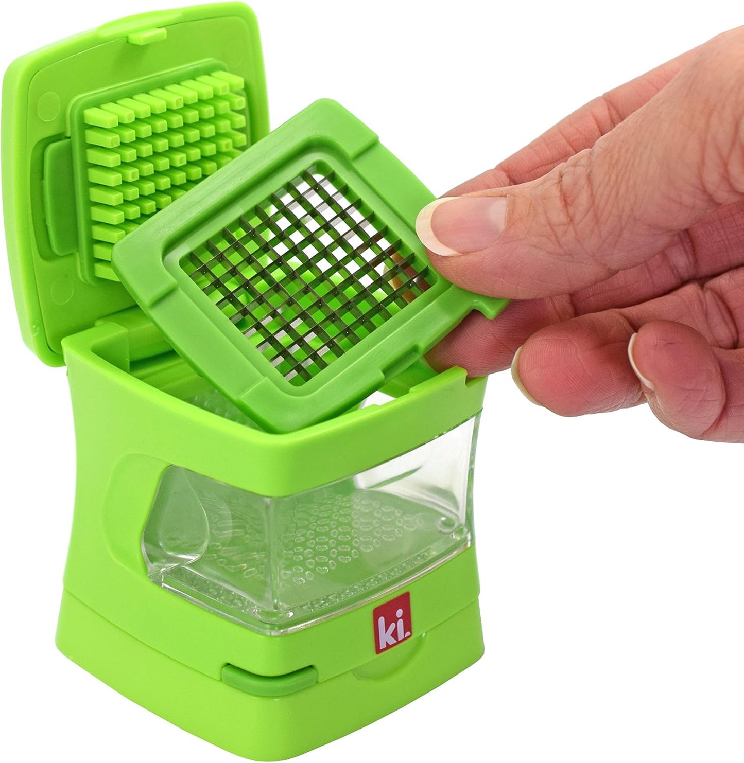 Garlic-A-Peel Garlic Press, Crusher, Cutter, Mincer, and Storage Container - Includes Silicone Garlic Peeler - Easy to Clean - Stainless Steel Blades – (Green), standard