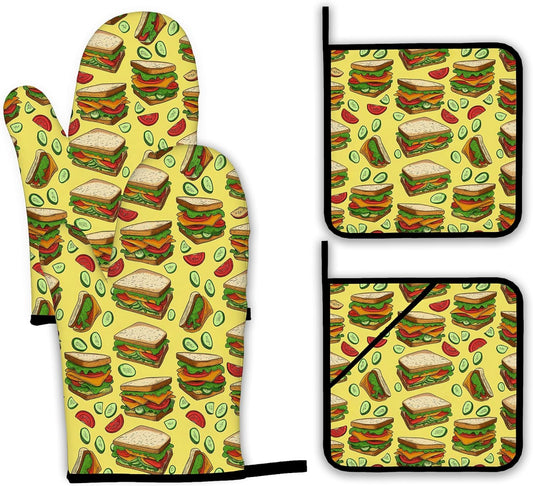 Cute Sandwich Oven Mitts and Pot Holders,Heat Resistant Oven Mitts Gloves and Pot Holder for Home Kitchen Decorations Cooking Baking BBQ Gifts,Set of 4