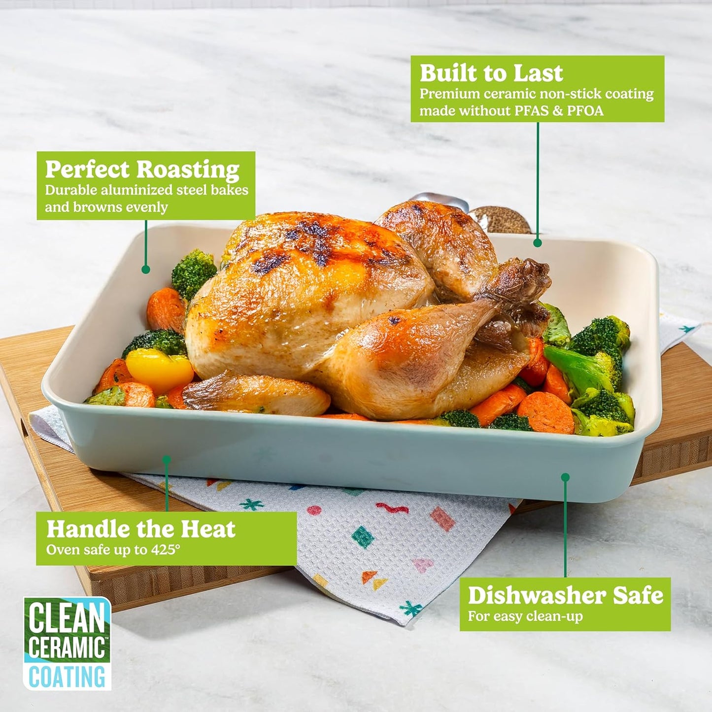 Tasty Clean Ceramic 14-Inch x 10-Inch Roasting Pan, Durable Aluminized Steel for Professional Results, Clean Ceramic Nonstick Coating, Oven Safe to 425°F, Dishwasher Safe, Aqua