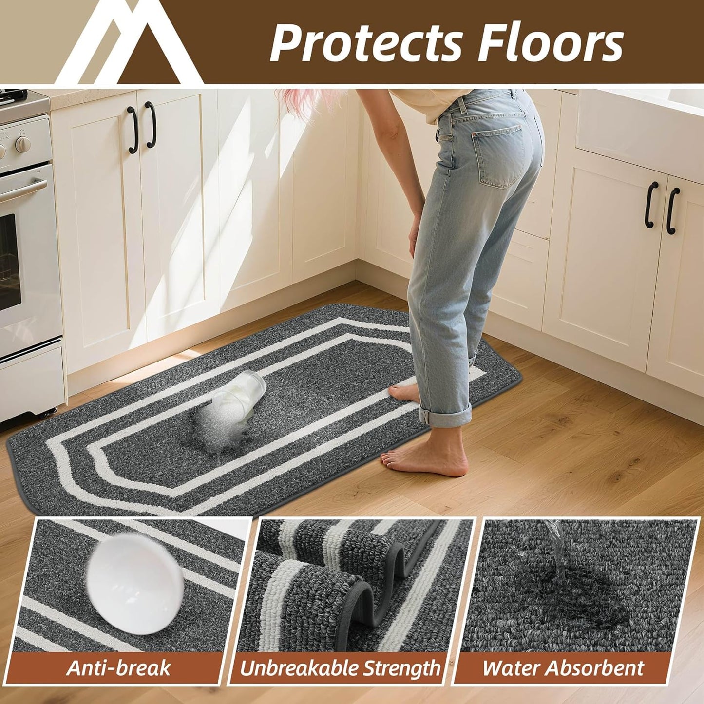 COSY HOMEER Long Kitchen Floor Mats for in Front of Sink Super Absorbent Kitchen Rugs and Mats 24"x48"+24"x59"Non-Skid Kitchen Mat Standing Mat Washable,Polypropylene,Dark Grey,Frame