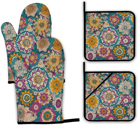 Vintage Mandala Oven Mitts and Pot Holders,Floral Flower Heat Resistant Oven Mitts Gloves and Pot Holder for Home Kitchen Decorations Cooking Baking BBQ Gifts,Set of 4