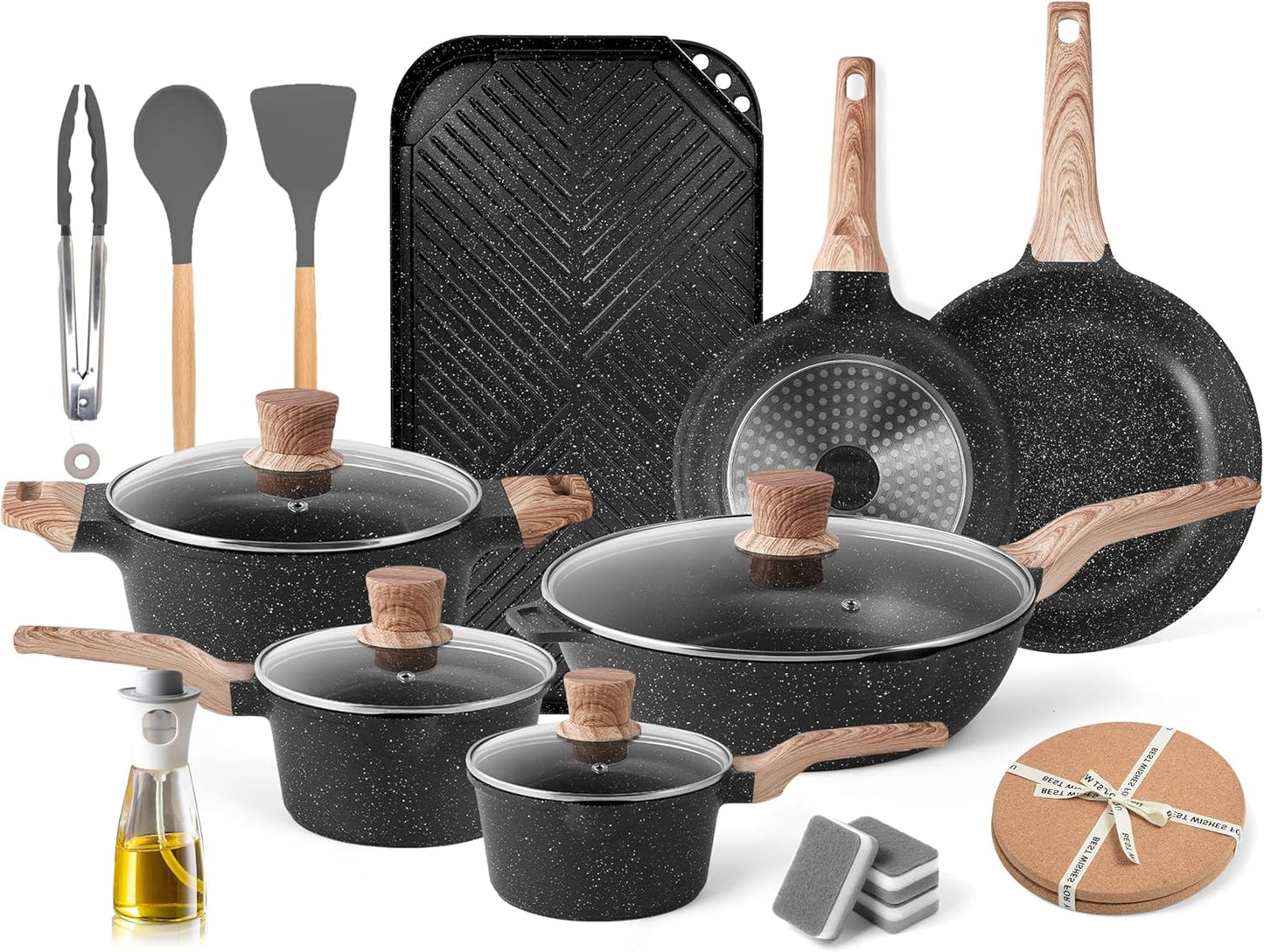 Caannasweis Granite Pots and Pans, Nonstick Cookware Set (Classic Black, 20 Piece Grill Griddle Set)
