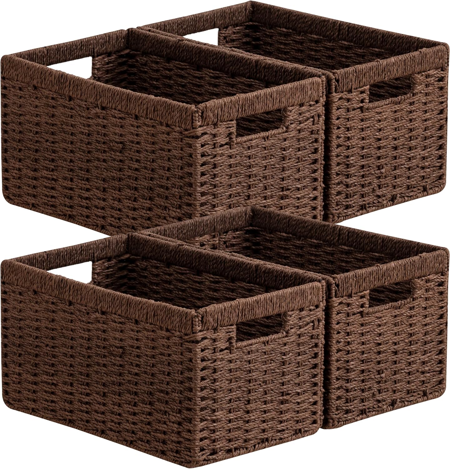 UBBCARE 4 Pack Wicker Basket, 13.4L×8.3H×7.1W inch Woven Paper Rope Storage Baskets for shelves, Foldable Rectangular Storage Baskets with Handle, Storage Basket for Organizing, Dark Brown
