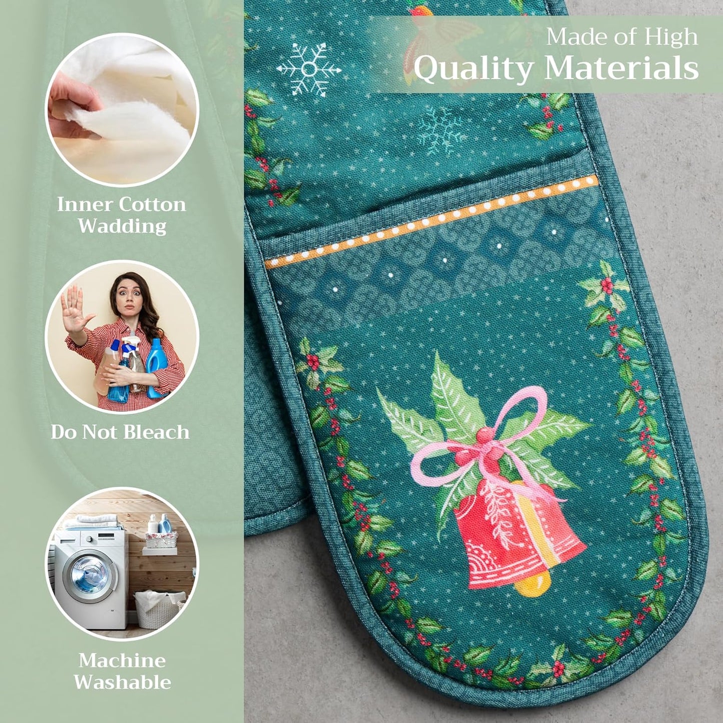 Maison d' Hermine Double Oven Mitts 100% Cotton 7"x35" Double Oven Mitt Heat Resistant BBQ Cooking Gloves with Loop, Baking, Grilling, Home, Kitchen, Handling Hot Pans (Hygge Christmas)