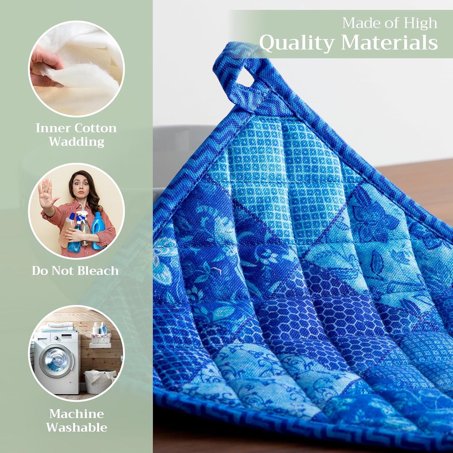 Maison d' Hermine Pot Holders Set 100% Cotton Heat Resistant Potholders 8" x 8" Hot Pads with Loop BBQ, Cooking, Baking, Grilling, Kitchen, Handling Hot Pans Spring/Summer (Pack of 2, Indigo Love)