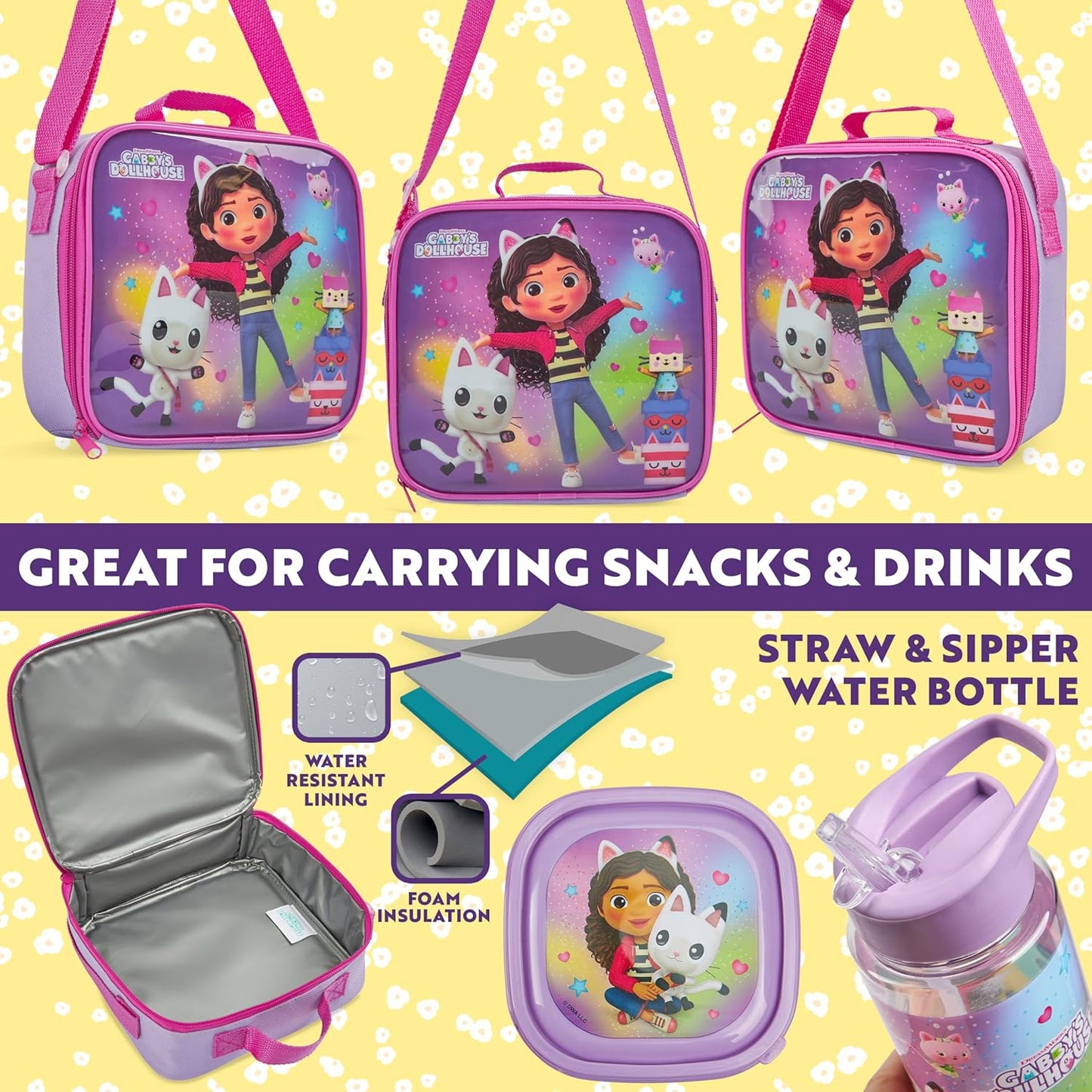 Get Trend Gabby's Dollhouse Kids Lunch Bag Set 3 Pc with Leak Proof Water Bottle and Small Lunch Box Insulated for School Daycare Travel (Gabby’s Dollhouse)