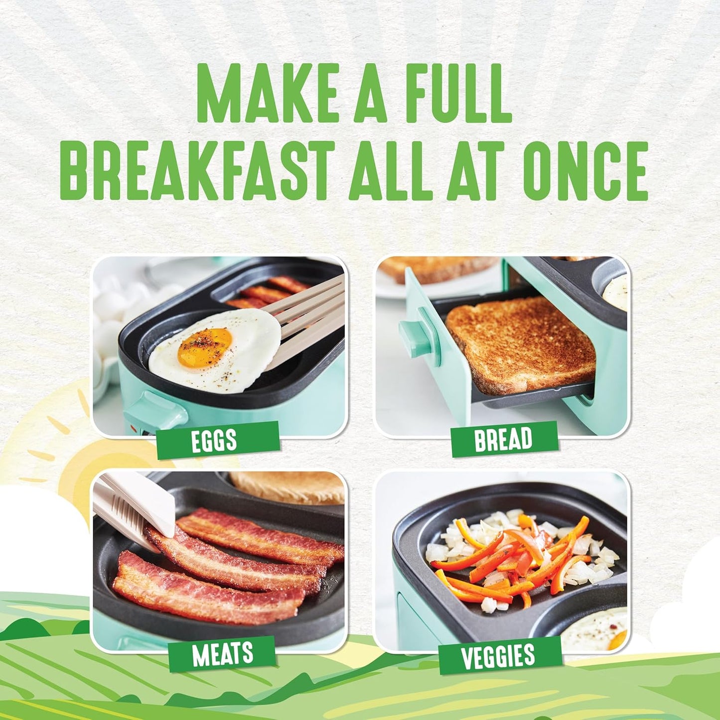 GreenLife 3-in-1 Breakfast Maker Station, Healthy Ceramic Nonstick Dual Griddles for Eggs Meat Sausage Bacon Pancakes and Breakfast Sandwiches, 2 Slice Toast Drawer, Easy-to-use Timer, Turquoise
