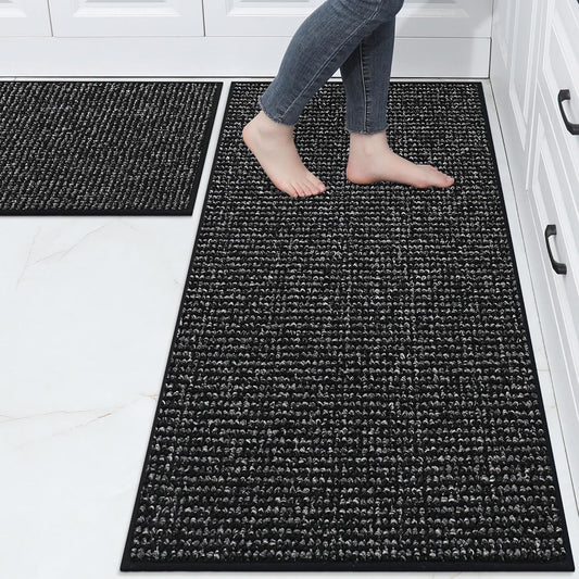 BEQHAUSE Kitchen Rugs and Mats 2PCS, Non-Slip Kitchen Mats for Floor, Absorbent and Stain Resistant Kitchen Runner, Machine Washable Rugs for Kitchen, Laundry & Sink, 24"x36"+24"x60", Black