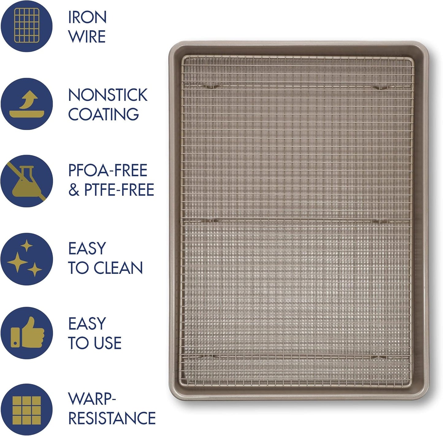 Ultra Cuisine Wire Rack Baking Sheet Pan Set - Half Sheet Pan Set with 100% Stainless Wire Rack - Dishwasher Safe - Steel Reinforced Rim - Aluminum Cooling racks for Cooking and Baking - Champagne