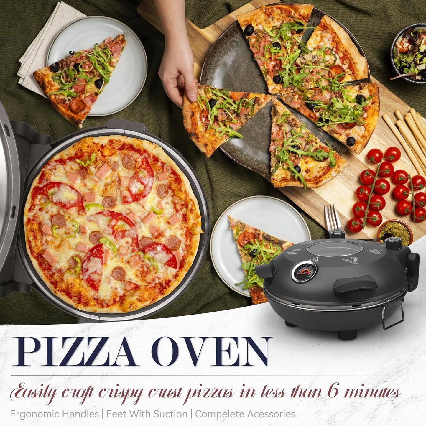 Baker’s Friend Electric Pizza Oven Indoor Countertop, 12 Inch Pizza Maker Machine for Home, Pizza Cooker & Pizza Grill, Premium Glazed Ceramic Stone Pizza Oven, Graphite Gray
