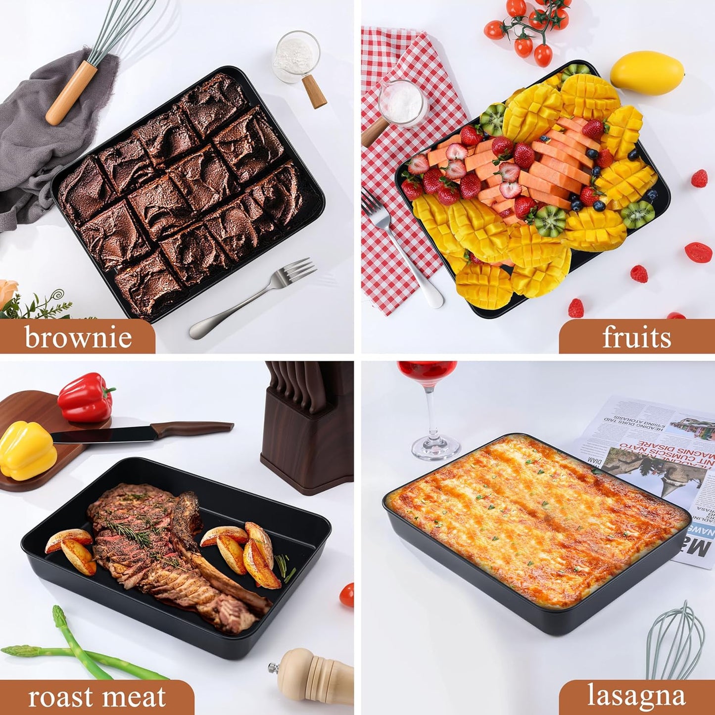 LIANYU 12⅓ x 9¾ x 2 Inch Non-stick Baking Pan Set of 4, Rectangle Cake Lasagna Brownies Casseroles Pan, Bakeware for Cooking Roasting Toaster Oven, Stainless Steel Core & Easy Release