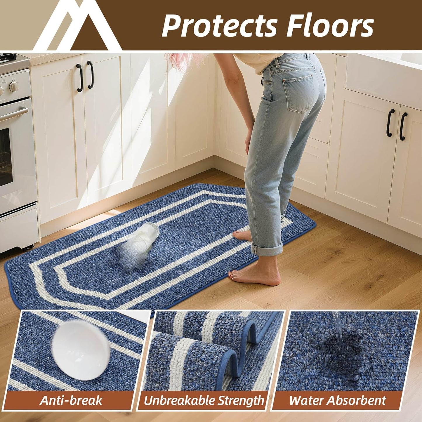 COSY HOMEER Long Kitchen Floor Mats for in Front of Sink Super Absorbent Kitchen Rugs and Mats 24"x79" Non-Skid Kitchen Mat Standing Mat Washable,Polypropylene,Blue,Frame