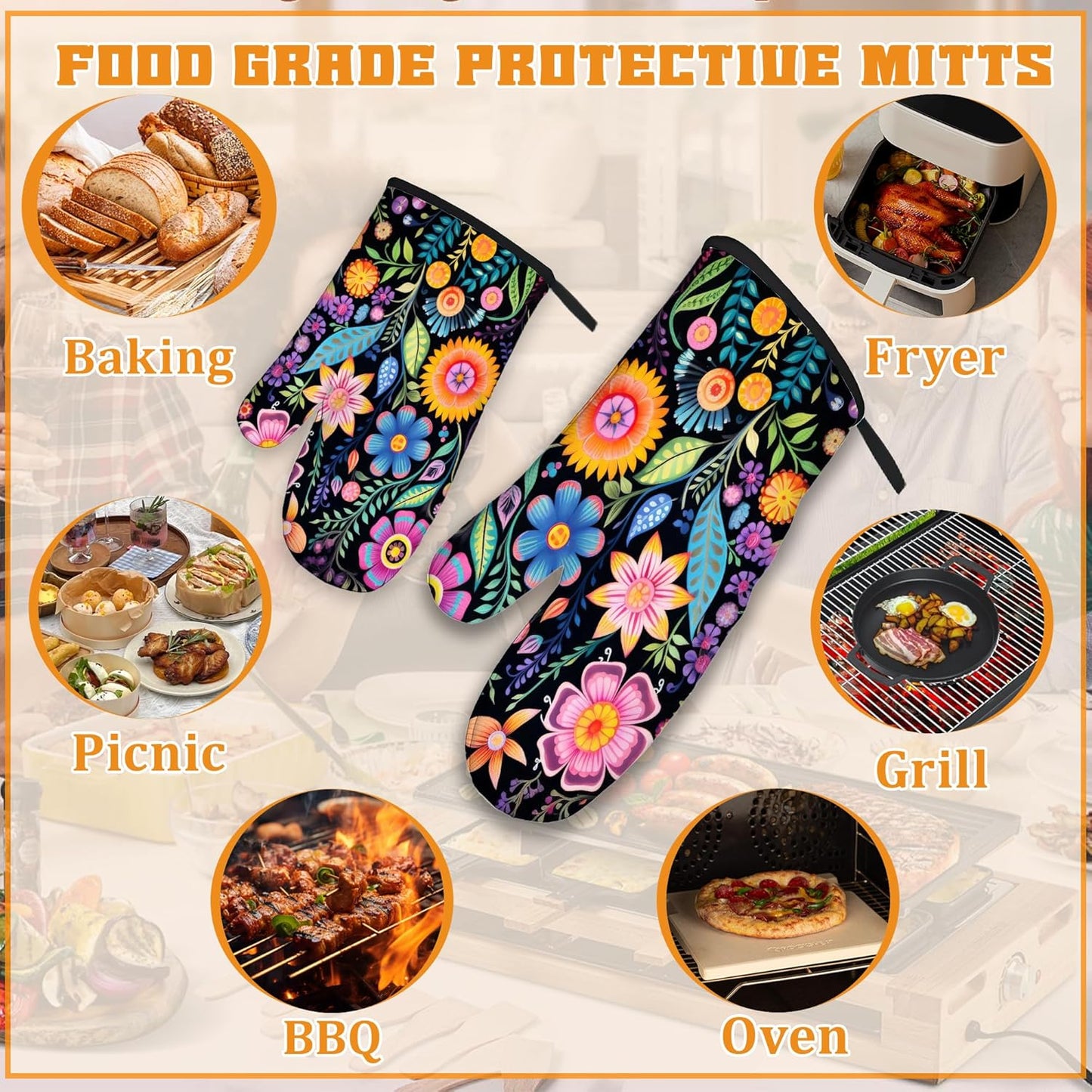 Vintage Hippie Flower Oven Mitts and Pot Holders,Heat Resistant Oven Mitts Gloves and Pot Holder for Home Kitchen Decorations Cooking Baking BBQ Gifts,Set of 4