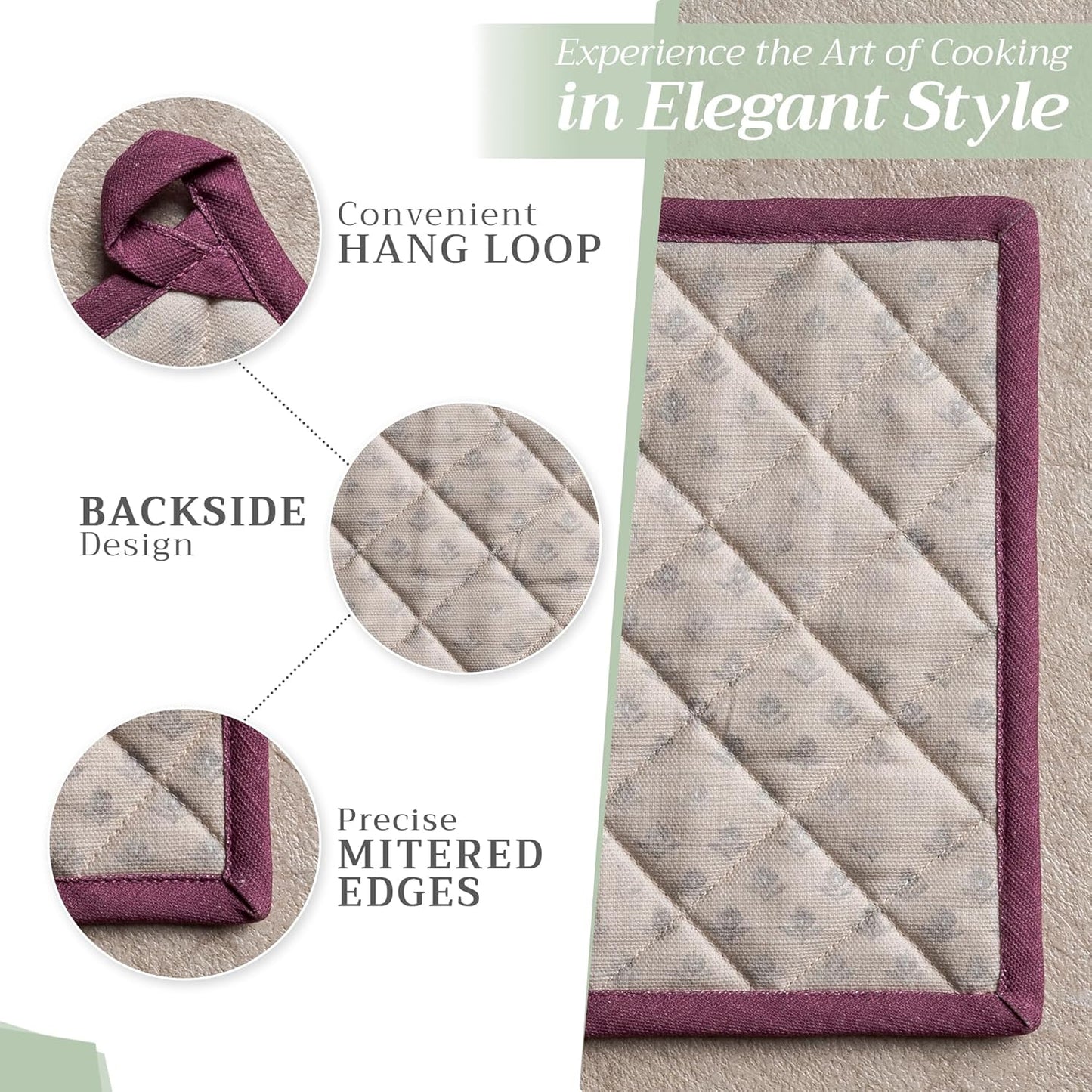 Maison d' Hermine Pot Holders Set 100% Cotton Heat Resistant Potholders 8" x 8" Hot Pads with Loop BBQ, Cooking, Baking, Grilling, Kitchen, Handling Hot Pans Spring/Summer (Pack of 2, Fanny Lavender)