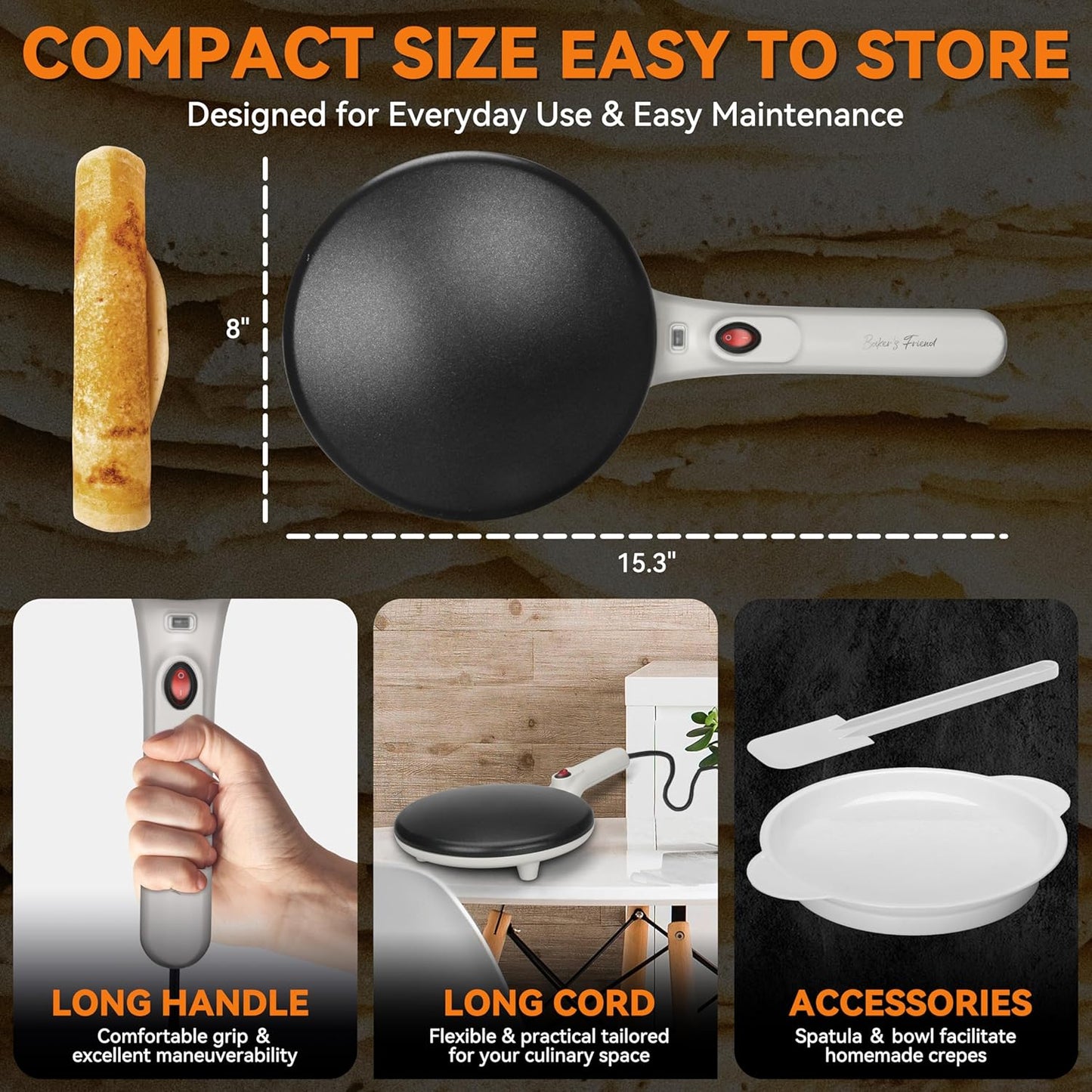 Baker's Friend Instant Crepe Maker with Handle, Electric Crepe Maker Machine, Crepera Electrica, 8 Inch Non-stick Cooking Surface, Creamy White