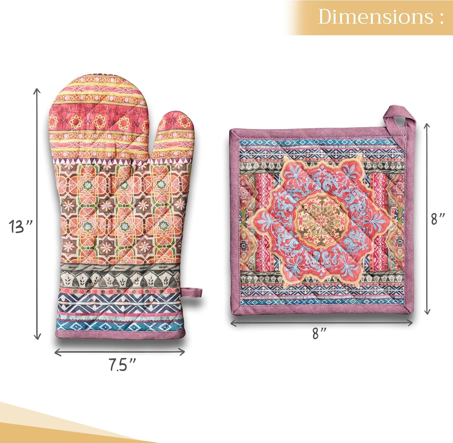 Maison d' Hermine 100% Cotton Oven Mitt & Pot Holder Set (7.5"x13" & 8"x8") Heat Resistant BBQ Cooking Gloves with Loop, Baking, Grilling, Kitchen, Handling Hot Pans (Ispahan)