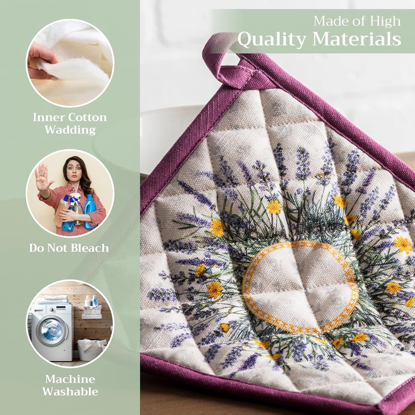 Maison d' Hermine Pot Holders Set 100% Cotton Heat Resistant Potholders 8" x 8" Hot Pads with Loop BBQ, Cooking, Baking, Grilling, Kitchen, Handling Hot Pans Spring/Summer (Pack of 2, Fanny Lavender)