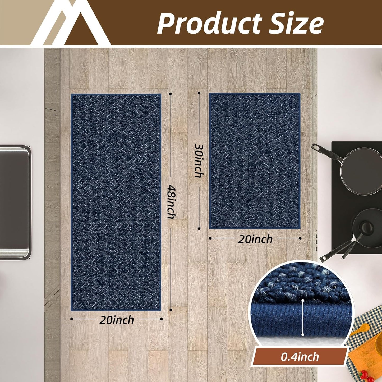 COSY HOMEER Kitchen Rugs and Mats 2PCS Non Slip Kitchen Mats for Floor Washable Stain Resistant Kitchen Runner Rug Sets Absorbent Kitchen Floor Mat 20"x32"+20"x48",Navy Blue