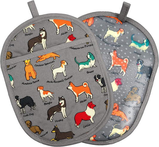Pot Holders Set of 2 with Transparent Clear Silicone Shell and Nice Dog Printing Cotton Lining, Heat Resistant to 500 F Kitchen Oven Gloves Pot Holder for Cooking (Dog Flower, Potholders)